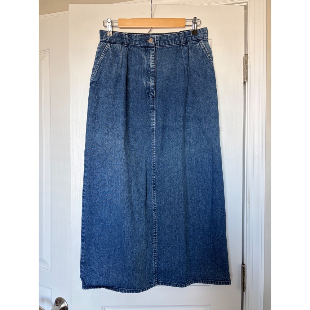 Vintage J.Crew Denim Maxi Skirt Pleated High Waist Cotton Made in USA Blue Sz 12